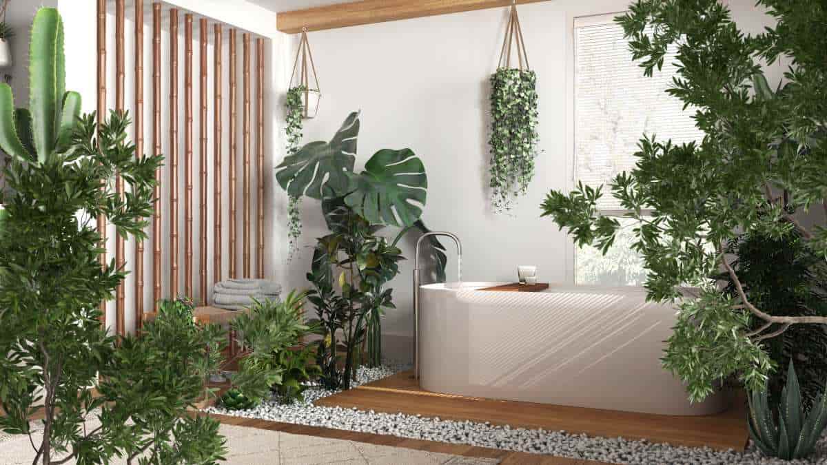Een landelijke badkamer met natuurlijke elementen zoals planten en hout.